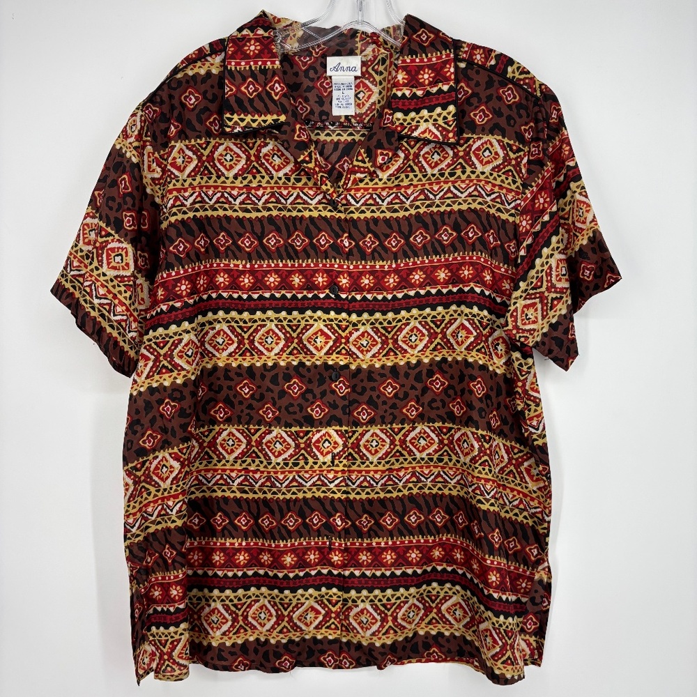 Anna Womens Large Button Front Vintage Blouse 100% Silk Black Red Gold Geometric